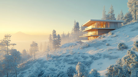 Modern Mountain Home with Stunning Winter Sunset Views, Snow Covered Forest, and Distant Peaksの素材