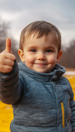 Happy Little Boy Giving Thumbs Up Gesture Outdoors in Autumn, Portrait of a Smiling Childの素材