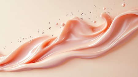 Closeup shot of swirling flowing peach or light pink colored liquid, isolated on pastel backgroundの素材