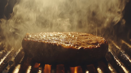 Juicy Grilled Steak Sizzling on Barbecue Grill with Smoke, Close Up Food Photography.の素材