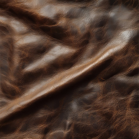Rich Texture of Distressed Brown Leather with Crushed Folds, Vintage Material Background, Close Up.の素材