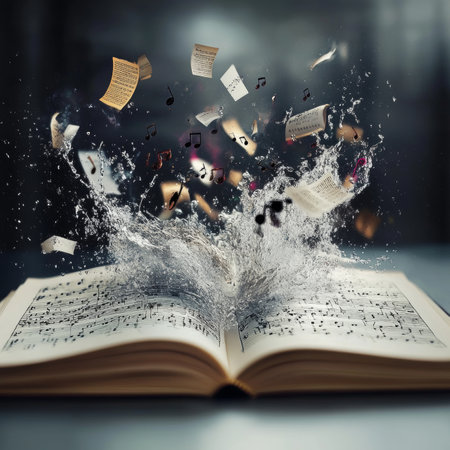 Open Book With Water Splashing And Music Notes Exploding, Symbolizing The Power Of Creativityの素材