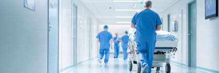 Doctors And Nurses Rushing Patient On Gurney Through Hospital Hallway. Medical Emergency Concept.の素材