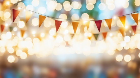 Colorful Triangle Flags Hanging on String Lights, Festive Celebration Background for Party or Eventの素材