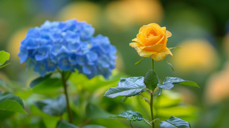 Vibrant Orange Rose and Blue Hydrangea Bloom Together in Harmonious Contrast, Natures Beautyの素材