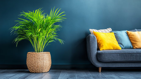 Stylish Interior, Blue Wall, Sofa, Palm Plant Cozy Living Room with Minimalist Decorの素材