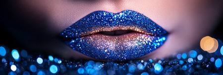 Close-Up of Sparkling Blue Lips with Glitter Makeup, Perfect for Beauty and Fashion Photographyの素材