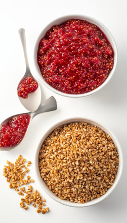 Bowls of Cooked Wheat Berries and Vibrant Raspberry Jam with Spoons on a Clean White Background.の素材