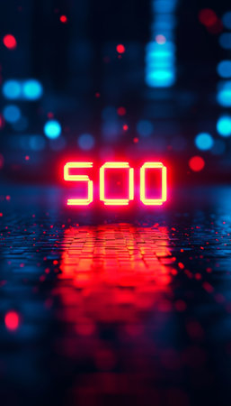 Red Number 500 Digital Led Display On Wet Asphalt With Reflection. Celebration Conceptの素材