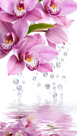Pink Orchids With Water Drops. Branch of Blooming Orchid Close-Up On White Background.の素材