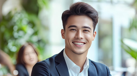 Confident young businessman with a captivating smile, close-up portrait at a modern office.の素材