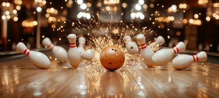 Bowling Pins Knocked Down with Sparkling Fireworks on Wooden Alley, Bowling Background Concept.の素材
