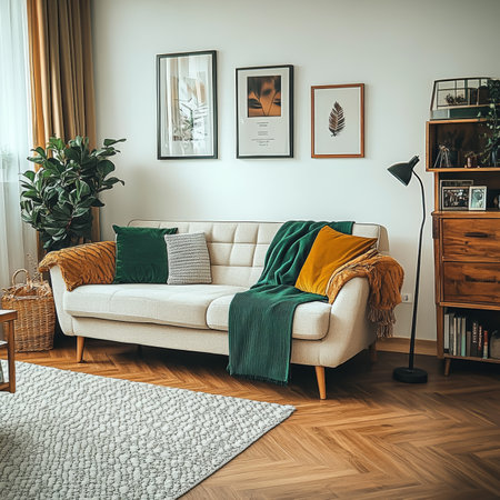 Cozy Living Room Interior with Sofa, Plants, and Decor Comfortable Home Decor and Houseplants.の素材