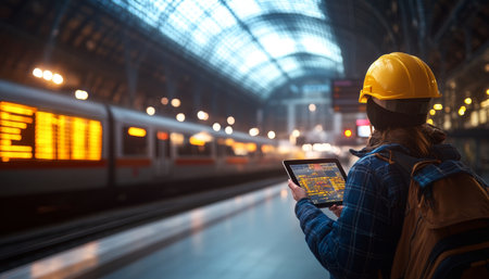 Engineer In Hardhat With Digital Tablet, Monitoring Train Schedule At Railroad Stationの素材