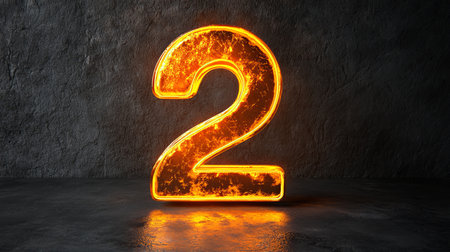 Glowing Fiery Number Two, Blazing Symbol on Dark Background, with Dramatic Reflectionの素材