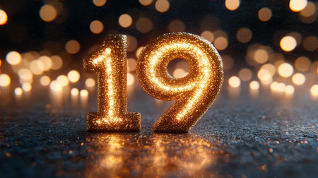 Sparkling Golden Number 19 Celebration, Glittering Numeral with Festive Bokeh Lights Backgroundの素材