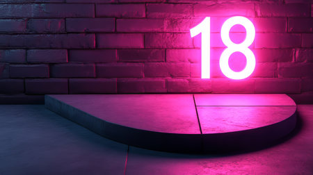 Neon Number 18 Sign on a Brick Wall Background, 3D Rendered Illustration of the Number Eighteenの素材