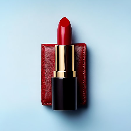Red Lipstick in a Leather Case, Classic Beauty Essential Elegance and Style on Blue Backgroundの素材