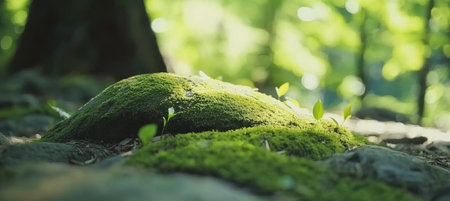 Sun-Dappled Forest Floor, Moss Covered Rock with New Growth, Spring Renewal in Natureの素材