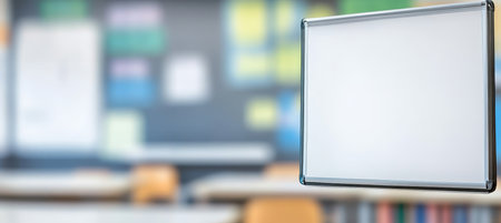Empty Whiteboard In Front Of Blurred Classroom Background With Stationery. Mock-Up, Space For Textの素材