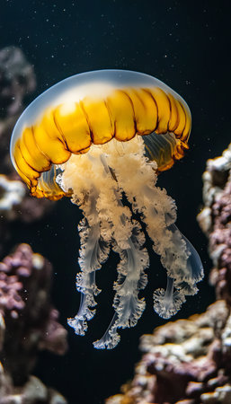Underwater Enchantment Pacific Nettle Jellyfish, Flowing Tentacles, Vibrant Colors, Pacific Ocean.の素材