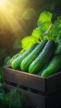 Freshly Picked Cucumbers, Bathed in Golden Sunlight Harvest Bounty in a Rustic Crateの素材