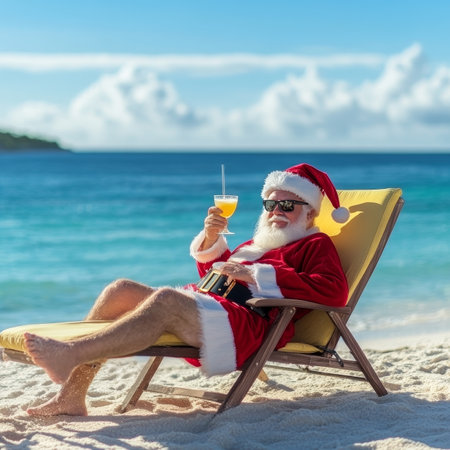 Santa Claus Relaxes on Tropical Beach Enjoying a Christmas Vacation with Cocktail in Handの素材