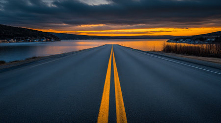 Empty Asphalt Road Leading to Sunset Over Tranquil Coastal Landscape, Travel and Adventure Concept.の素材