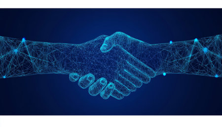 Digital Handshake On Blue Background,Symbolizing Partnership,Technology,Connection,Agreement.の素材