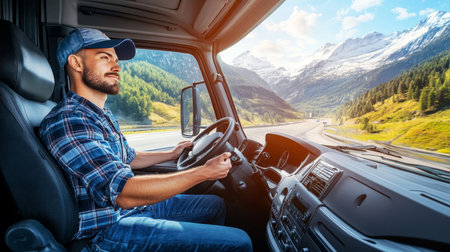 Truck Driver Enjoying a Scenic Drive on Mountain Roads, Beautiful Landscape, Transport Industryの素材