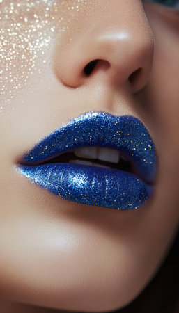 Close-up of Womans Lips with Blue Lipstick and Glitter Makeup, Beauty and Fashion Photographyの素材