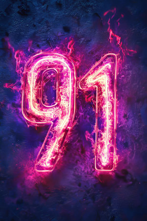 Fiery Number 91 Burning Bright on Dark Textured Background, Abstract Digital Illustrationの素材