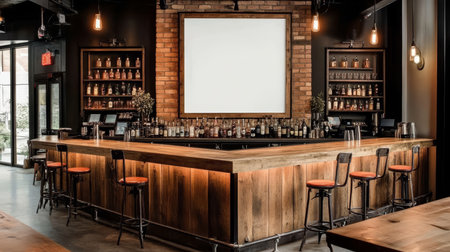 Modern Urban Bar Interior with Wooden Counter, Shelf, and Stools, Ready for Happy Hour.の素材