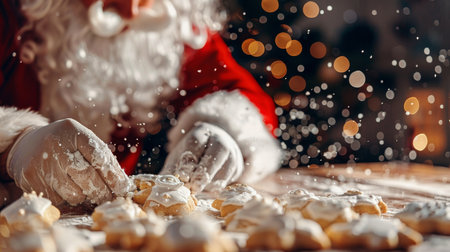 Santa Claus Baking Star-Shaped Christmas Cookies With Icing Sugar, Festive Holiday Bakingの素材