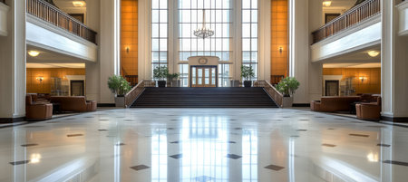 Grand Empty Lobby Interior With Marble Floor And Staircase, Large Windows And Natural Lightの素材