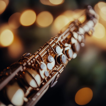 Close-up View of Saxophone Keys, Capturing the Instruments Intricacy and Warm Lightingの素材