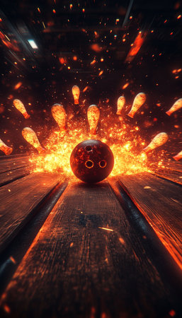 Explosive Bowling Ball with Fiery Bowling Pins and Intense Orange Glow on Wooden Alley, Digital Artの素材