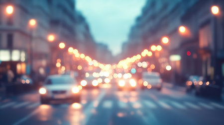 Blurry Evening Cityscape, Street Lights, Traffic, Urban Life, Rush Hour, Defocused Backgroundの素材