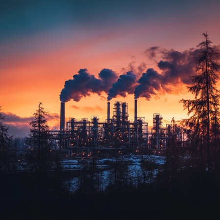 Industrial Plant Silhouette at Sunset, Air Pollution, Environmental Impact, Factory Emissionsの素材