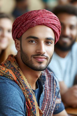Portrait Of A Smiling Young Middle Eastern Man With Traditional Headscarf In Classroomの素材
