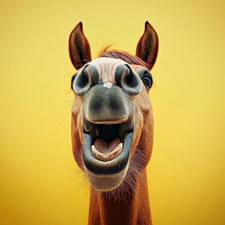 Funny Horse Portrait on Yellow Background. Close-up of a Happy Smiling Horse with Open Mouth.の素材