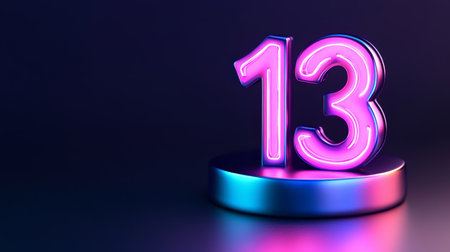 Number 13 Neon Sign on a Podium with a Futuristic Purple and Blue Gradient Backgroundの素材