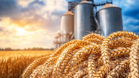 Golden Wheat Stalks in Front of Grain Silos at Sunset Agriculture and Harvest Concept.の素材