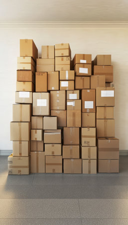 Large Stack Of Cardboard Boxes, Moving, Storage, Shipping, Delivery, Logistic, Warehouse Concept.の素材