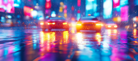 Blurry Taillights on Cars Driving Through Rainy City at Night, with Reflections on Wet Asphaltの素材