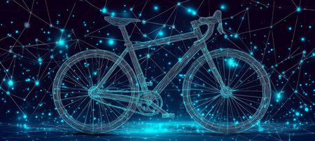 Abstract glowing blue bicycle on dark background. Technological concept. 3D illustration.の素材