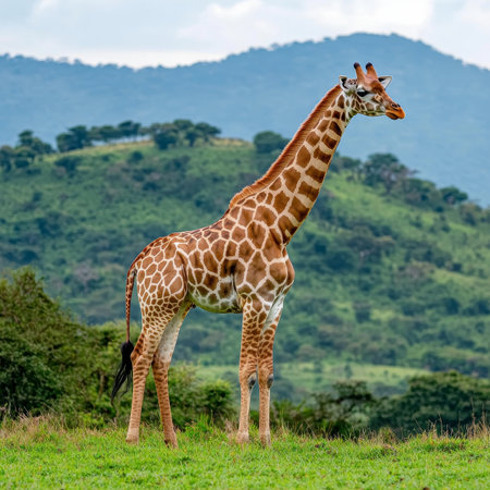 Majestic Giraffe Standing Tall in a Lush Green Landscape, Serengeti National Park, Tanzaniaの素材