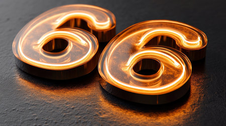 Glowing Neon Number 66, Illuminated Six Six, Digitally Rendered Night Signage. 3D Illustration.の素材