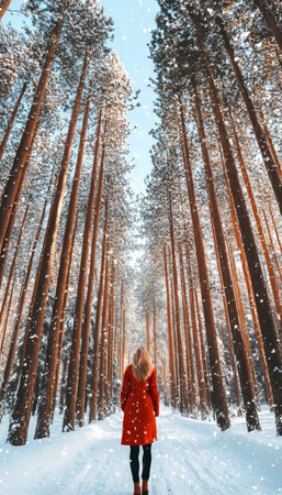 Winter Wonderland, Woman in Red Coat Explores Snow Covered Forest, Tranquil Beauty of Natureの素材