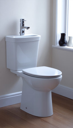 Modern White Toilet with Integrated Sink. Space-Saving Bathroom Solution. Minimalist Design.の素材